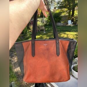Fossil Sydney Brown Black Leather Purse Tote Bag